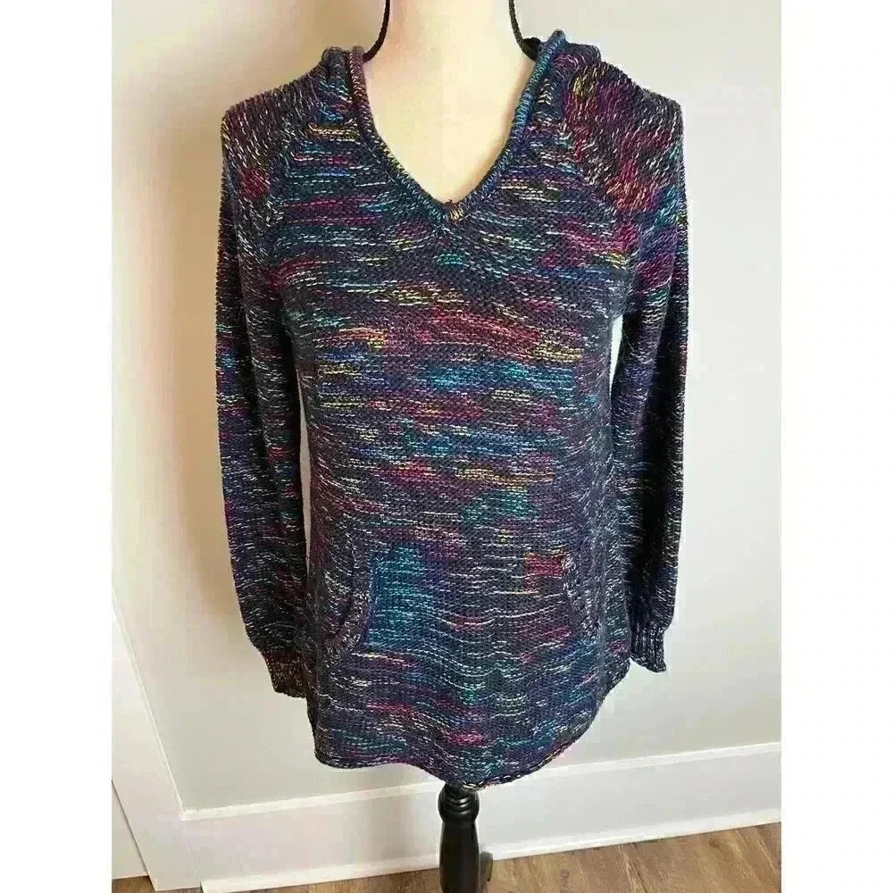 Eddie Bauer Knit Sweater Women's Size Medium Multicolor Striped Pocket Hoodie